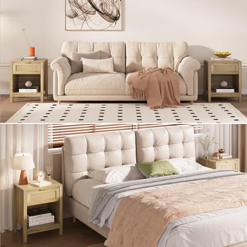 KIGOTY Farmhouse Rattan Nightstand Set of 2, Bedside Table with Drawer,Open Compartment, Side Table with Storage, End Table for Bedroom,Oak KIGOTY