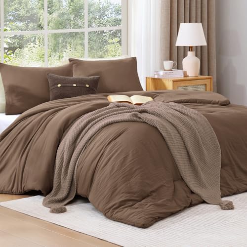 WRENSONGE Queen Comforter Set - 3 Pieces Prewashed Brown Comforter Soft Lightweight for All Seasons,Down Alternative Comforters Queen Size with 2 Pillow Shams WRENSONGE
