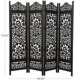 Deco 79 Wood Floral Handmade Partition Room Divider Screen Foldable Partition Carved 4 Panel Privacy Screen, Room Partition 80" x 1" x 72", Black Deco 79