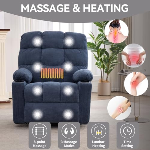 Sang Seiyoga Heat Massage Recliner Chair with Rocker & Swivel, Wall Hugger Small Recliner for Small Spaces, Manual Living Room Chair, Navy Blue, Ergonomic Design for Relaxation