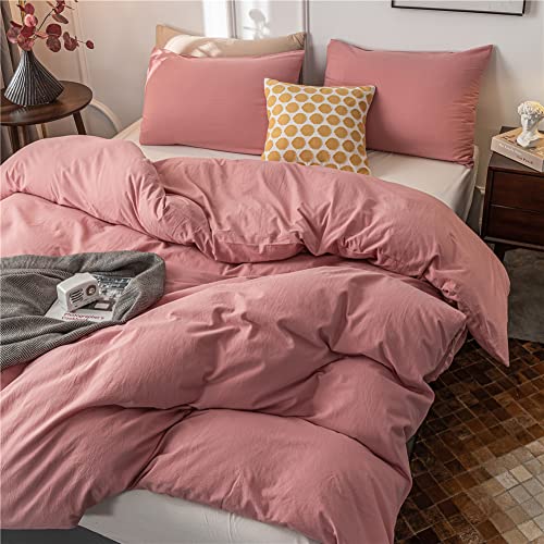 Janlive Washed Cotton Duvet Cover Twin Ultra Soft 100% Cotton Solid Color Rose Duvet Cover Set with Zipper Closure -2 Pieces Pink Bean Paste Twin Janlive