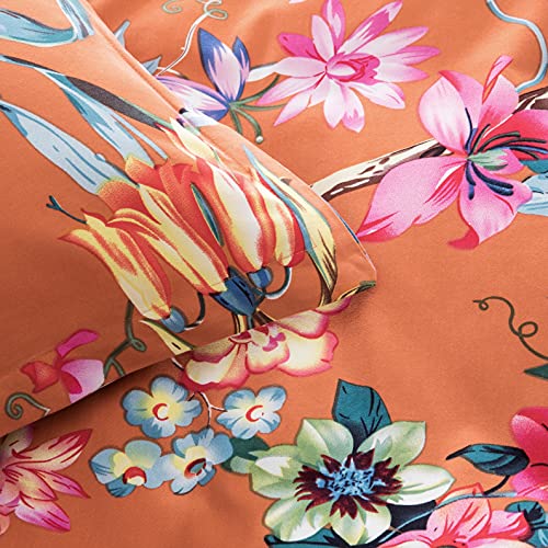 Eikei Botanical Garden Duvet Cover Washed Brushed 100-percent Cotton Bedding Set Asian Chinoiserie Print Colorful Tropical Tree Branches and Birds Floral Pattern (Queen, Orange) Eikei