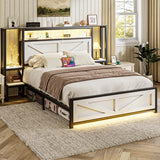 Otevehde Queen Size Rustic Bed Frame with Storage Born Door Headboard and Bedside Storage, Industrial Farmhouse Metal Platform Bed Frame with Charging Station and LED Lights, White Otevehde