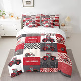 Erosebridal 7 Pcs Kids Tractor Bedding Sets Red Cartoon Tractor Quilt with Flat Fitted Sheet Twin Farm Vehicle Truck Bed in A Bag Equipment Construction Comforter Set Geometric Plaid Decor Erosebridal