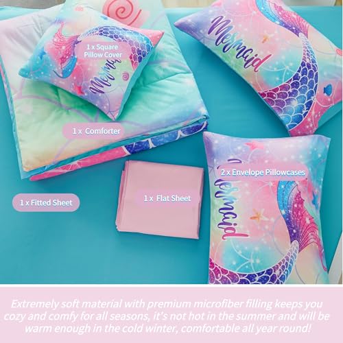 RYNGHIPY Mermaid Twin Girls Bedding Set, Colorful Rainbow Kids Girls Comforter Set with Sheets Soft and Lightweight, 6 Pieces Teen Girls Bed in a Bag RYNGHIPY
