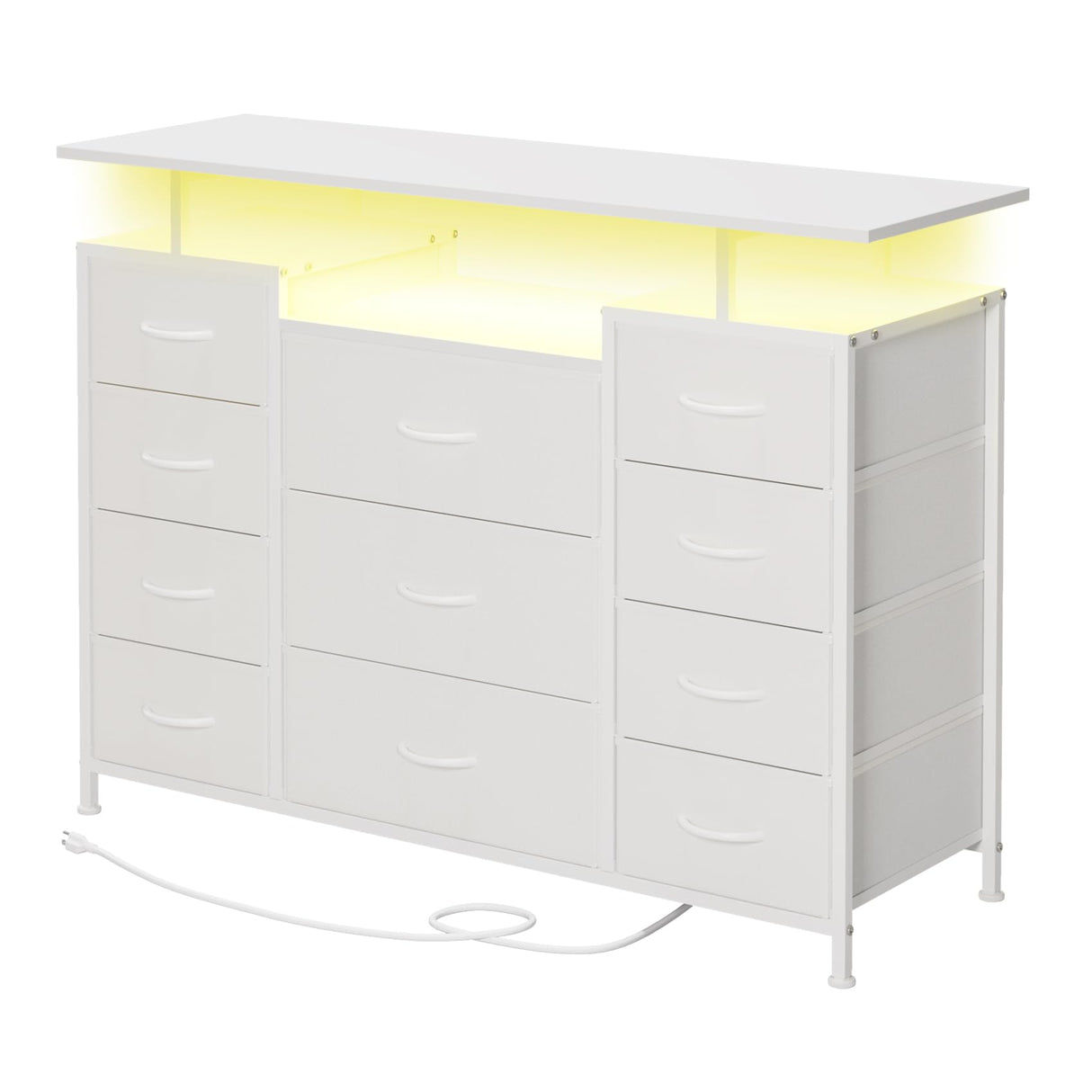 LUMTOK 11 Drawers Dresser with Fabric Drawers,Charging Station, LED Lights and Shelves for Bedroom Storage Organization LUMTOK