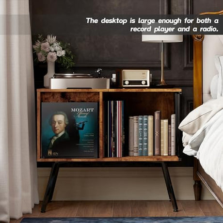 Faesun Flip Top Record Player Stand, Large Record Player Table with Open Storage Holds up to 150+ Albums, Mid Century Turntable Stand, Stereo Cabinet for Speakers, for Living Room, Bedroom, Rustic Faesun