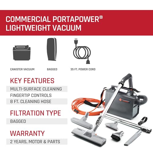 Hoover Commercial PORTAPOWER Lightweight Canister Vacuum Cleaner with Attachments, Portable Carriable Handheld Small Professional Grade Bagged, 8 Pounds, CH30000, Black Hoover