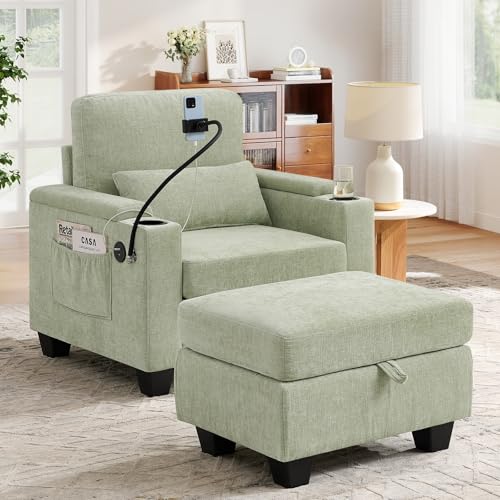 Small Chaise Lounge Chair Indoor with Ottoman&Adjustable Backrest,Chenille Tufted Recliner Comfy Sofa Chair with USB,Phone Holder&Storage Arms,Convertible Sleeper Couch Bed for Living Room(37"W,Cyan)