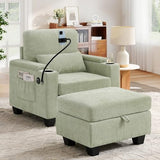 Small Chaise Lounge Chair Indoor with Ottoman&Adjustable Backrest,Chenille Tufted Recliner Comfy Sofa Chair with USB,Phone Holder&Storage Arms,Convertible Sleeper Couch Bed for Living Room(37"W,Cyan)