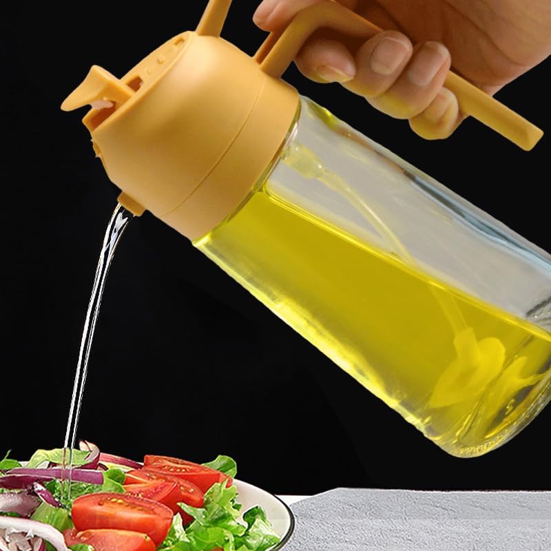 Gleec 2 in 1 glass olive oil filling bottle, 2 in 1 cooking oiler, spray, kitchen press fuel injector, used for salad making, baking, frying, barbecue, kitchen gadgets (470ml) (yellow) Gleec
