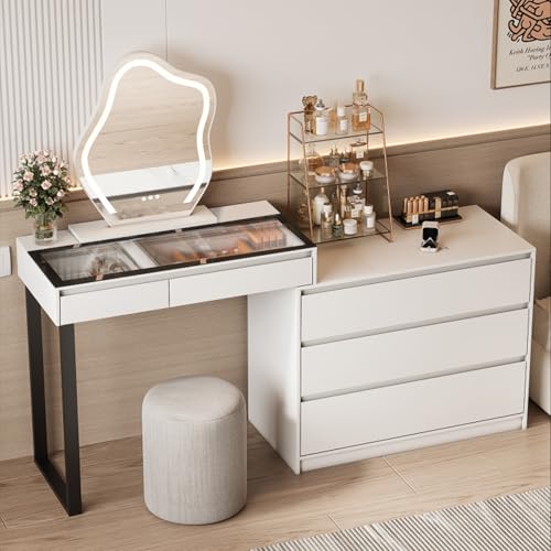 MIIFUNY Corner Makeup Vanity Desk with Mirror and Lights, 58" Modern L-Shaped Vanity Table with Glass Top, Large Dressing Table with 2 Drawers & 3 Tier Dresser for Bedroom, White MIIFUNY