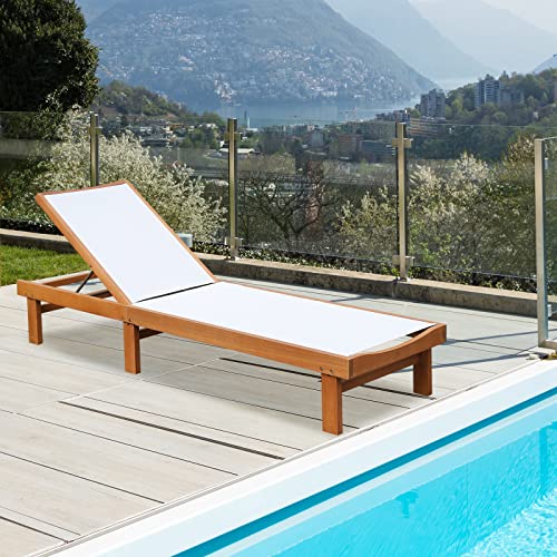 Tangkula Outdoor Wood Chaise Lounge Chair, Patio Chaise Lounger with 5-Postion Adjustable Back, Eucalyptus Wood Reclining Lounge Chair with Breathable Fabric for Poolside Lawn Backyard (1, White) Tangkula