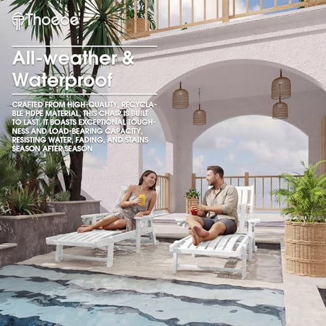 THOEOE Patio Chaise Lounge Chair, Lounge Chair Outdoor with 5 Positions, HDPE, Patio Lounge Chair with Wheels & Cup Holder for Pool, Deck, Poolside,White THOEOE