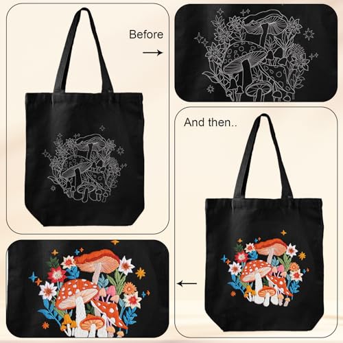 Louise Maelys Embroidery Kit Canvas Tote Bag for Beginners,Cross Stitch Kits for Adults,Arts Crafts Needlepoint with Mushroom Flower Pattern,Women Shopping Reusable Grocery Bags
