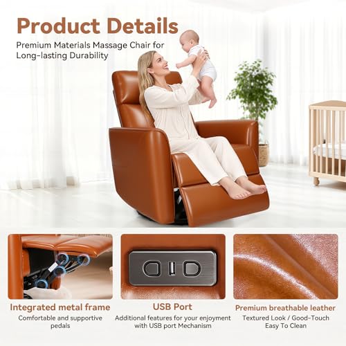 Himimi Power Recliner Chair, Swivel Rocker Recliner with Massage and Heat, Nursery Glider for Living Room, Small Space, Faux Leather, USB, Side Pockets, Orange-Brown