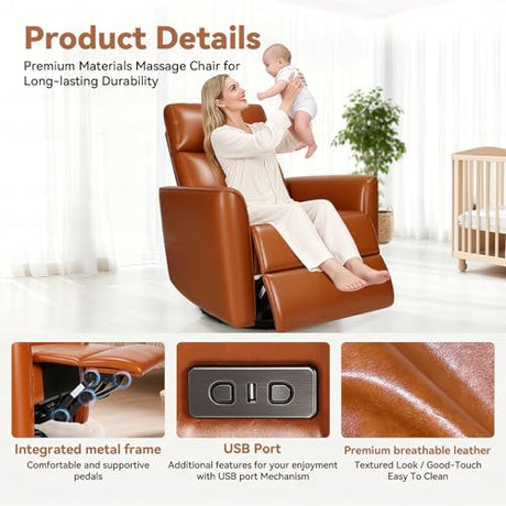 Himimi Power Recliner Chair, Swivel Rocker Recliner with Massage and Heat, Nursery Glider for Living Room, Small Space, Faux Leather, USB, Side Pockets, Orange-Brown Himimi