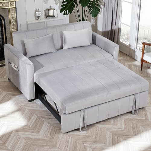Hixkol 3 in 1 Convertible Sleeper Sofa Bed,55.51" Velvet Futon Sofa Bed, Pull Out Couch for Bedroom&Living Room, Loveseat Sofa Bed with Storage Pockets & 2 Toss Pillows,Adjustable Backrest(Grey) Hixkol