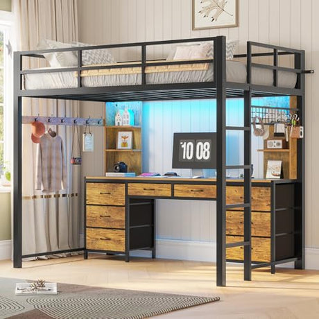 ADORNEVE Twin Loft Bed with Desk and 8 Storage Drawers, Metal Loft Beds Twin with LED Lights & Charging Sation, Storage Shelves & Clothes Rail, Full-Length Guardrail,Rustic Brown ADORNEVE