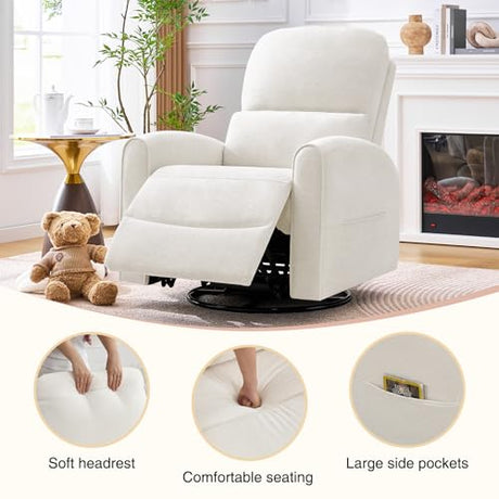 AEMEIOS Swivel Rocker Recliner, Manual Swivel Glider Nursery Recliner Chair with Adjustable Headrest and Lumbar Support, Rocking Recling Chairs for Small Space, Living Room, Bedroom, White AEMEIOS