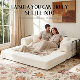KSTNLUXQ 79" Corduroy Sofa Bed, Boneless Couch in a Box with 2 Pillows, High-Density Foam 4-in-1 Foldable Sleeper Futon Loveseat for Small Spaces, No Assembly, Side Pockets, Round Arm White KSTNLUXQ