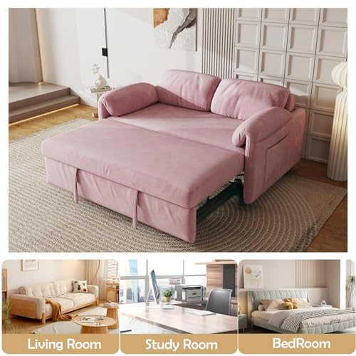 Anwick Modern Velvet 3 in 1 Sleeper Sofa Bed,Convertible Folding Futon Sofa Pull Out Couch Bed with 3 Reclining Backrests,Pillows,54" Small Love Seat for Compact Living Room Office (Pink, 54") Anwick