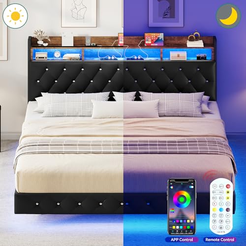 YITAHOME Queen Size Floating Bed Frame with RGB LED Lights and Storage Headboard in Black - WoodArtSupply