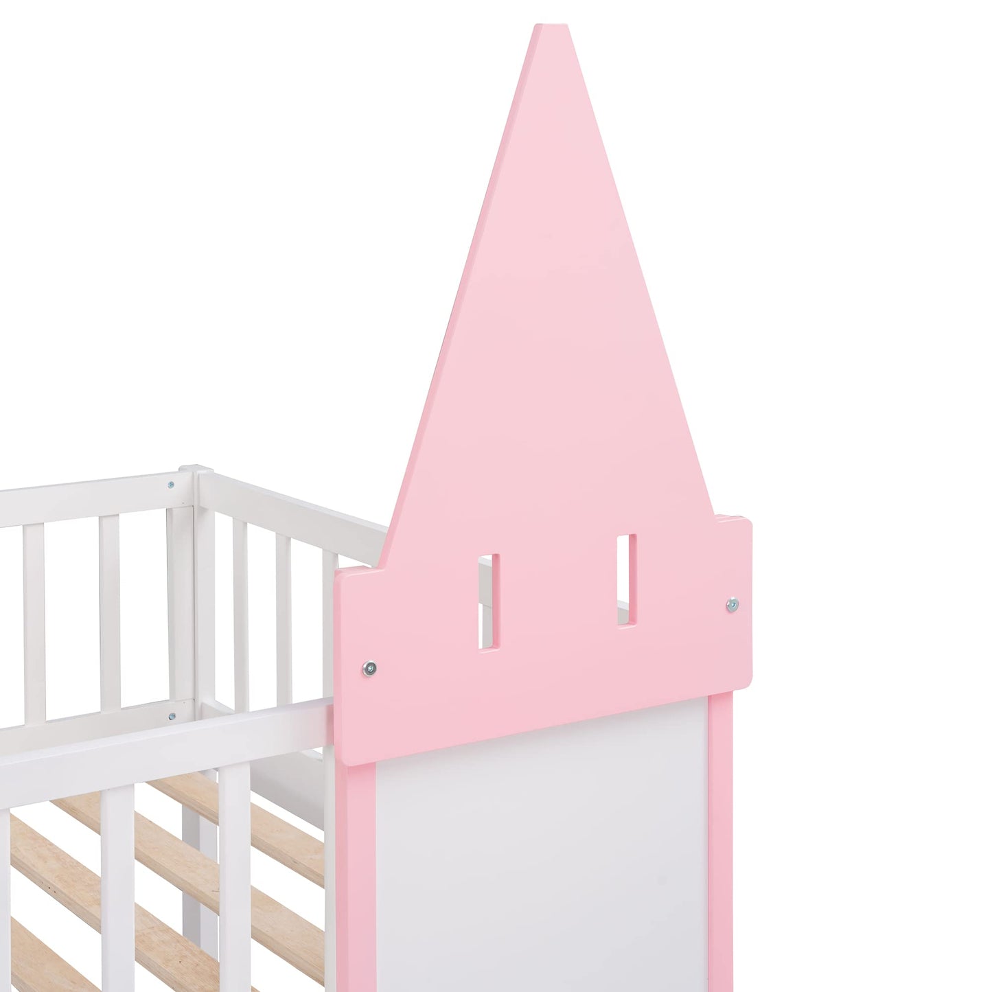 MERITLINE Kids Low Bunk Bed Twin Over Twin, Wooden Castle Shape Loft Bunk Bed Frame for Kids, Toddler Bunk Beds with Safety Rail and Ladder, Floor Bunk Bed for Boys Girls Bedroom Dorm (Pink)