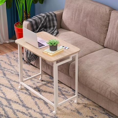 4NM 23.6" Mobile Small Rolling Computer Desk, Folding Laptop Cart Table with Wheels, Portable Office Desk for Small Space Couch Bed - Natural and White 4NM