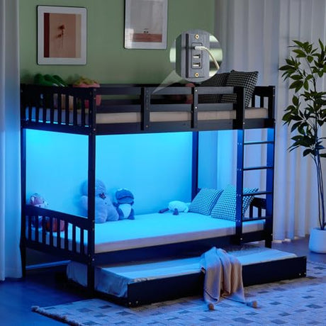VINGLI Solid Wood Bunk Bed with Trundles,Twin Over Twin Bunkbed with RGB LED/Charging Station,Convertible Bunk Bed Frame with 15 inches High Safety Guardrail and Ladders for Kids,Black VINGLI