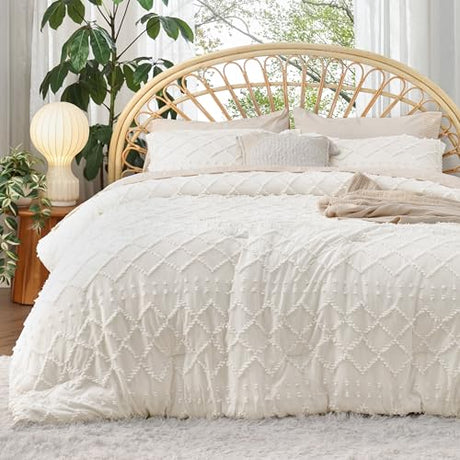 Bedsure Full Comforter Set - Ivory Comforter, Boho Tufted Shabby Chic Bedding for Kids, 3 Pieces Vintage Farmhouse Bed Set for All Seasons, Fluffy Soft Bedding with 2 Pillow Shams Bedsure