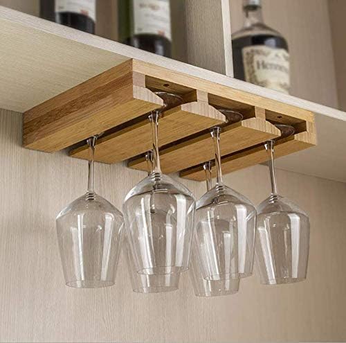 Kework Bamboo Wine Glass Holder, Hanging Stemware Display Rack, Under Cabinet Mounted Wine Glass Drying Storage Hanger Organizer Rack Kework