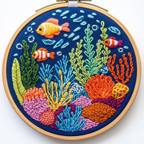 DIY Punch Needle Kits Sea Fishes and Sea Corals Easy for Beginners Punch Needle Embroidery Set with Hoop Stamped Pattern for Craft Lovers and Home Decor-2