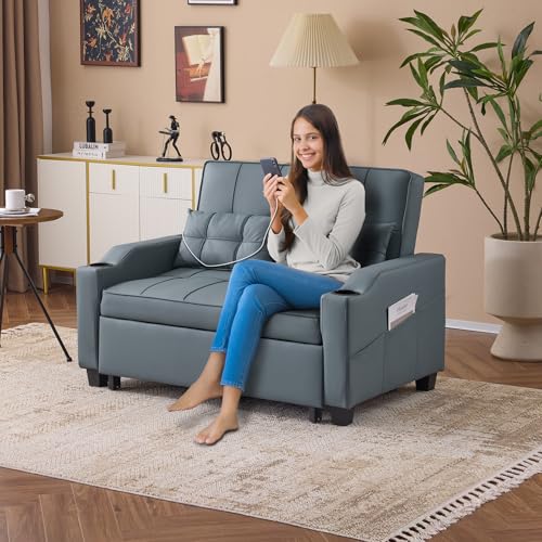 VINGLI Blue Grey Futon Sofa Bed Convertible Loveseat Sleeper Couch, Faux Leather Pullout Sofa Fold Out Couch Bed with USB Ports, Cup Holders, Armrest for Living Room, Bedroom Apartment Room VINGLI