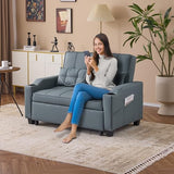 VINGLI Blue Grey Futon Sofa Bed Convertible Loveseat Sleeper Couch, Faux Leather Pullout Sofa Fold Out Couch Bed with USB Ports, Cup Holders, Armrest for Living Room, Bedroom Apartment Room VINGLI
