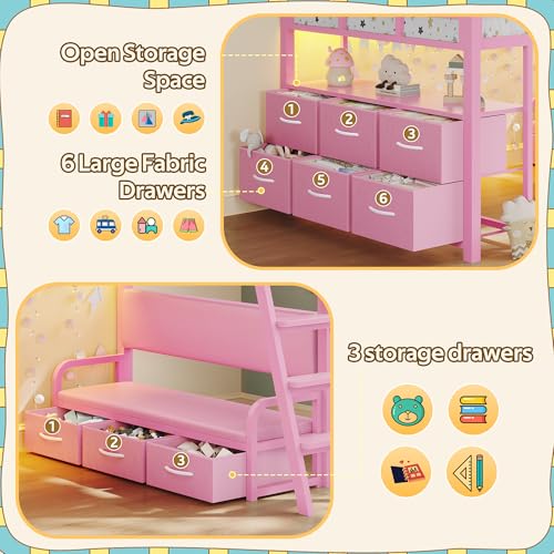busyaeh Twin Loft Bed,Low Loft Bed with 9 Storage Drawers & 15.8" H Safety Guardrail & Inclined Ladder & Safety Handrail & LED Lights and Charging Station，Kids Loft Bed,Pink busyaeh