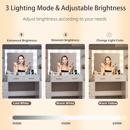 58.3" Large Vanity Desk with Mirror & Lights, Makeup Vanity with 10 LED Lights, 8 Metal Sliding Drawers & 2 Cabinets, White Vanity Set with Stool & Power Outlet 3 Lighting Modes Adjustable Brightness