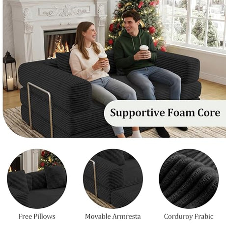 BSHOMGI 4 in 1 Futon Sofa Bed Queen Size - Foldable Convertible Sleeper Couch,Teddy Foam-Filled Compressed Couch Removable Corduroy Cover, Space Saving Sofas for Bedroom & Dorm (Black, 59” 2 Seat) BSHOMGI