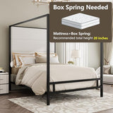 BEDGJH Queen Modern Canopy Bed Frame - Metal 4-Poster with Tall Linen Upholstered Headboard, Box Spring Required (Black,White, Queen)