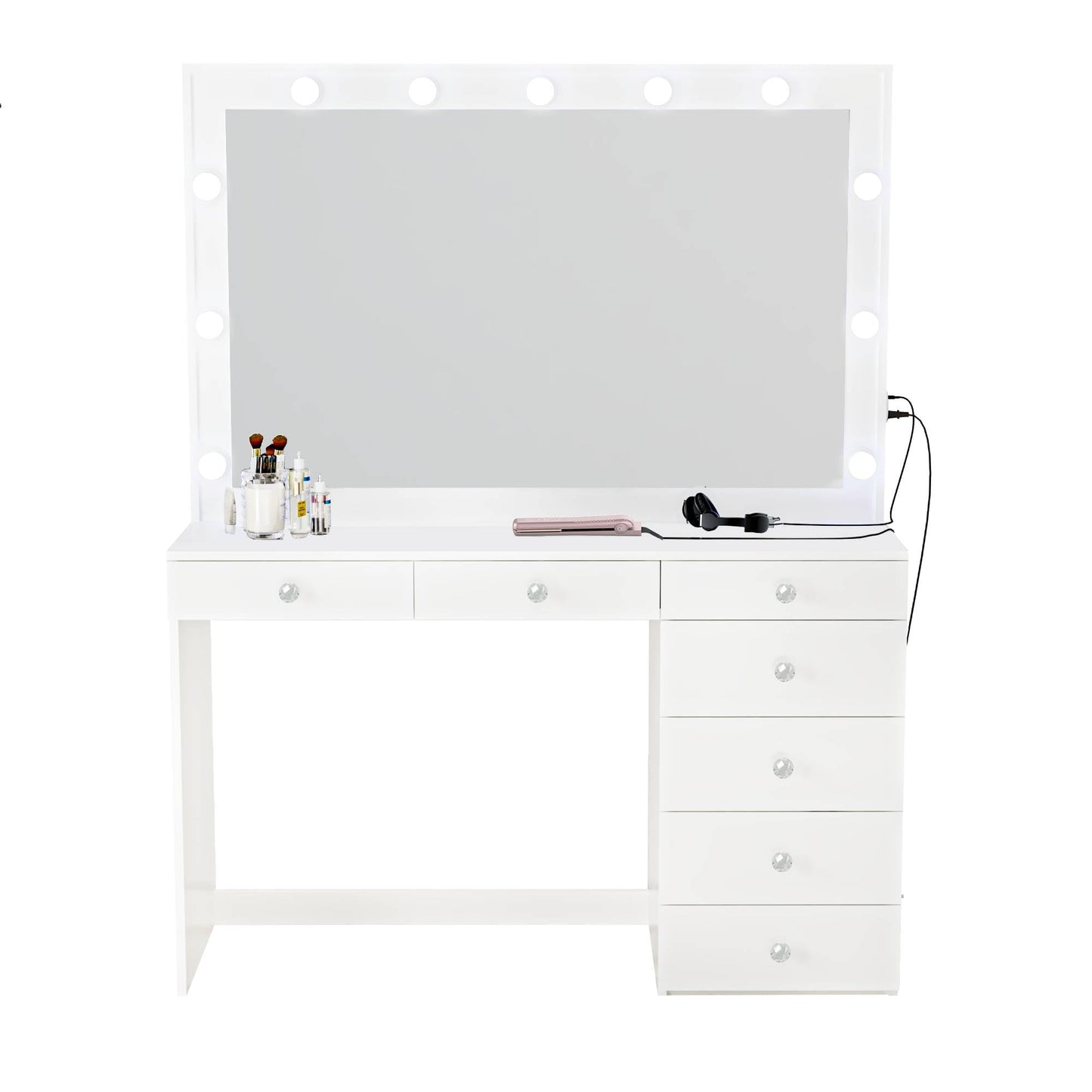 Boahaus Diana Large Vanity Makeup Desk with Vanity Mirror, Built-in Lights, 7 Drawers, Crystal Ball Knobs, Power Outlet, White Makeup Desk for Bedroom, 58.2'' H x 47.2'' W x 17.7'' D