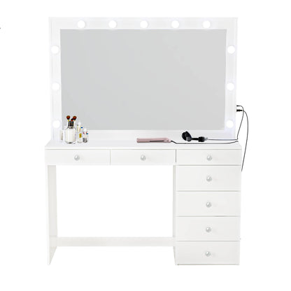 Boahaus Diana Large Vanity Makeup Desk with Vanity Mirror, Built-in Lights, 7 Drawers, Crystal Ball Knobs, Power Outlet, White Makeup Desk for Bedroom, 58.2'' H x 47.2'' W x 17.7'' D