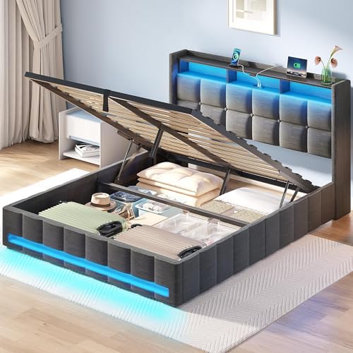 Rolanstar Bed Frame Full Size with Lift Up Storage, Charging Station & LED Lights, Upholstered Storage Headboard, Heavy Duty Wooden Slats, No Box Spring Needed, Noise Free, Easy Assembly, Dark Grey Rolanstar