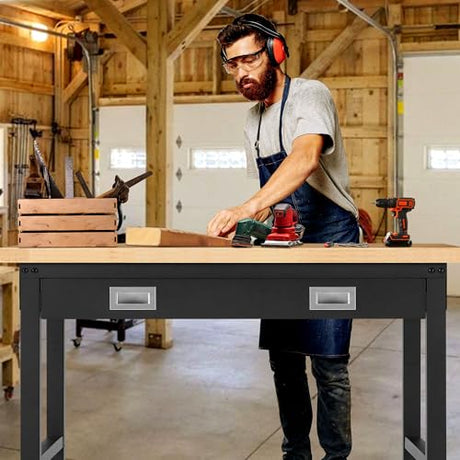 48” Adjustable Workbench with Drawer Storage,Work Benches for Garage with Rubberwood Top,2000 LBS Capacity Worktable with Power Outlets for Workshop,Garage,Home,Office Antifir