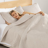 Exclusivo Mezcla Ultrasonic Full Queen Quilt Bedding Set, Lightweight Brich Beige Bedspreads Soft Modern Geometric Coverlet Set for All Seasons (1 Quilt and 2 Pillow Shams) Exclusivo Mezcla
