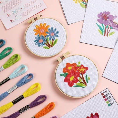 ZOIIWA 6PCS Spring Themed Flower Cross Sewing Kits for Beginners Flower DIY Embroidery Kit for Kids Adults Party Birthday Christmas Gift Needlepoint Patterns with 2 Embroidery Hoops Craft Supplies ZOIIWA