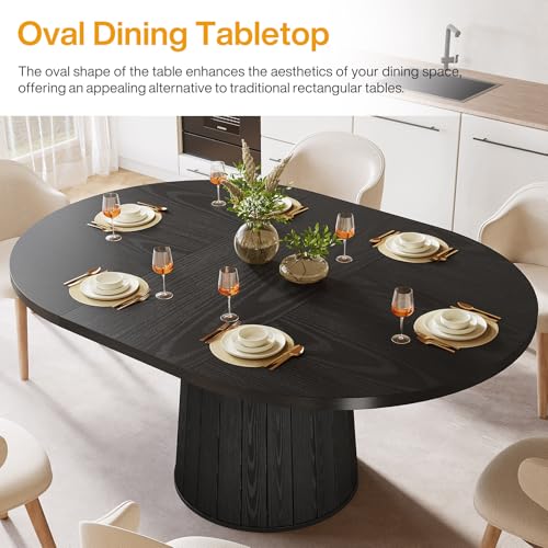 Tribesigns Oval Dining Table for 6 People, 55.11-Inch Farmhouse Kitchen Dinner Table with Cylindrical Pedestal (All Black) Tribesigns