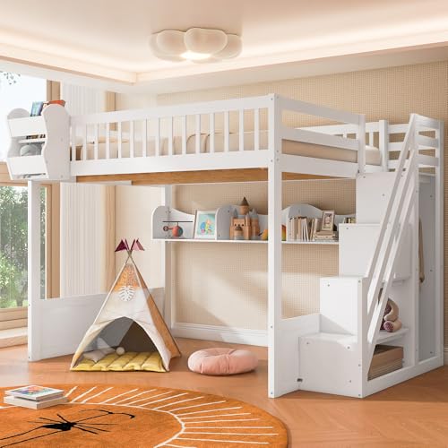 Merax Queen Size Wood Loft Bed with Wardrobe and Staircas, Storage Shelves, Floor Multifunction Bunk Bed with Full Length Gardrails, Space Saving,White Merax