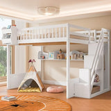 Merax Queen Size Wood Loft Bed with Wardrobe and Staircas, Storage Shelves, Floor Multifunction Bunk Bed with Full Length Gardrails, Space Saving,White Merax