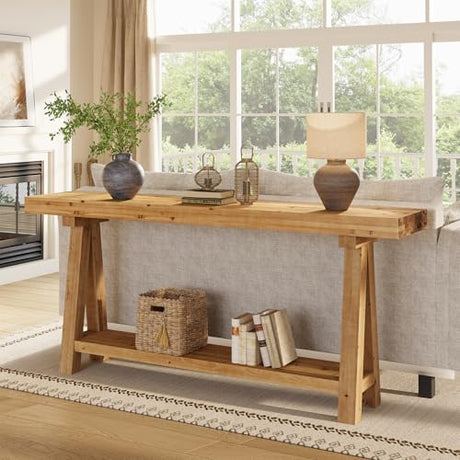 TRIBEWOOD 70.9-Inch Solid Wood Console Table for Entryway, Farmhouse Long Sofa Table with Shelves for Living Room, Hallway, Foyer, Easy Assembly TRIBEWOOD
