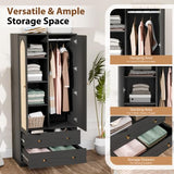 VINGLI Rattan Wardrobe Closet, Armoire Closet with Drawers & Hanging Rod, Armoire with Shelves and Doors, Wooden Wardrobe for Hanging Clothes, Black, 68.9" H VINGLI